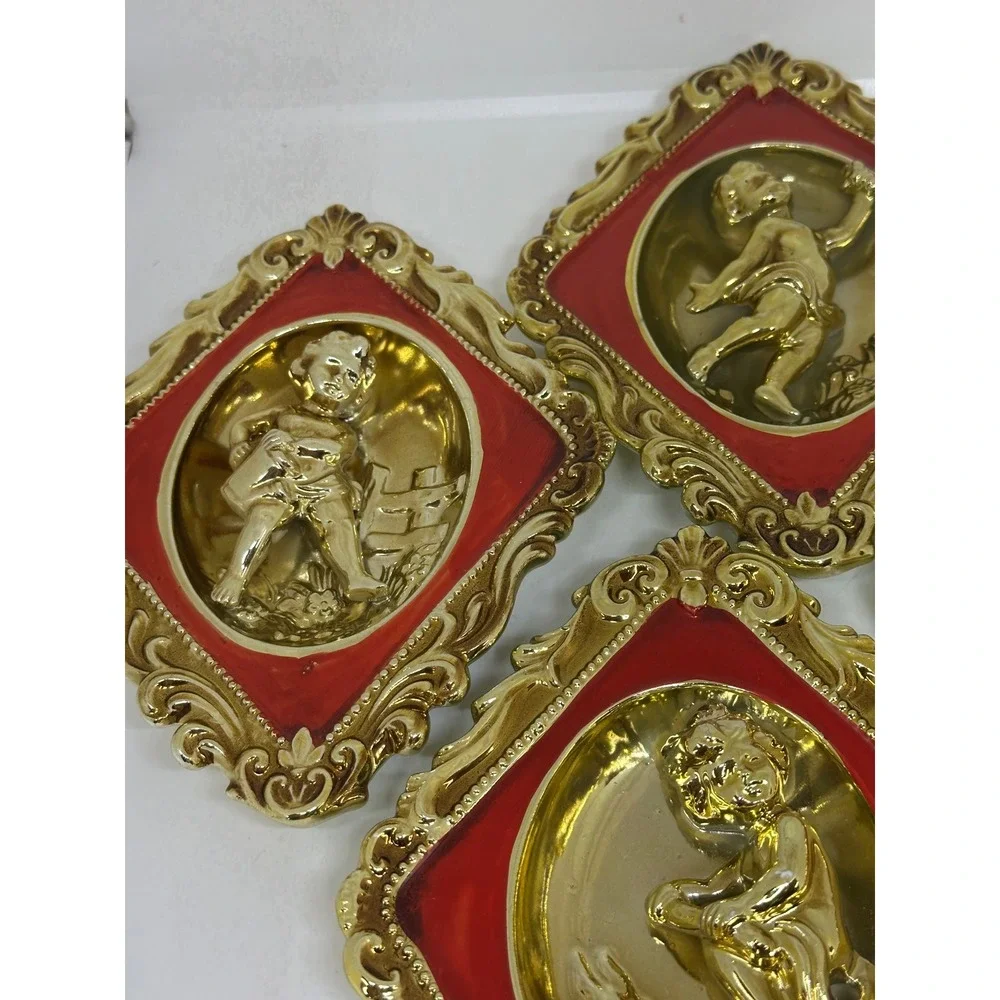 VTG Ardco Wall Cherub Plaques Gold Red Ceramic Japan Gaudy Home Decor 4 pc